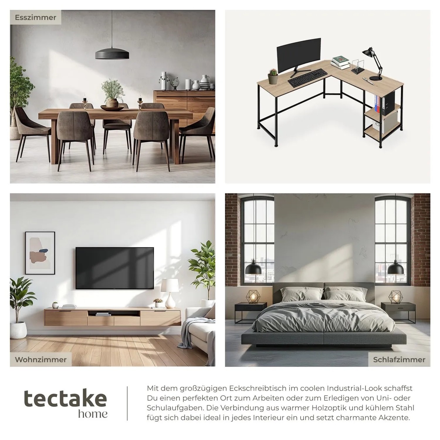Tectake Eckschreibtisch Hamilton im Industrial Style mit Holz- und Stahl-Elementen.