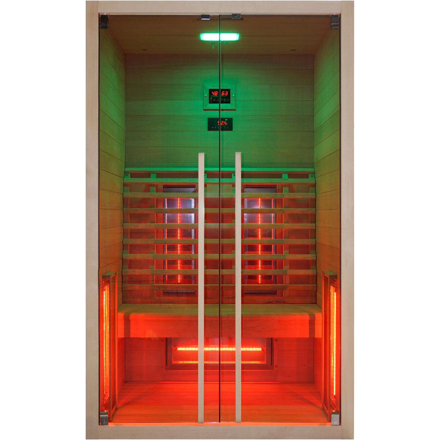 Sanotechnik Infrarotkabine Ruby 2 aus Hemlock-Holz mit Glasfront und Farblicht.