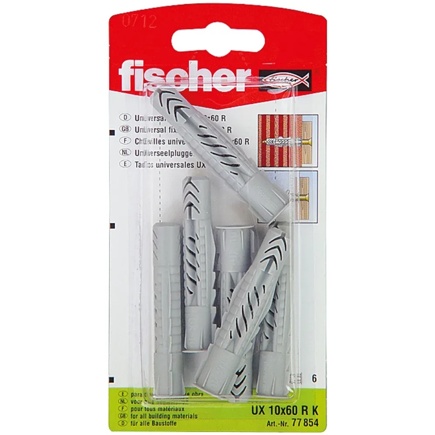 Fischer Universaldübel UX 10x60 RK, 6 Stück, geeignet für verschiedene Baustoffe.