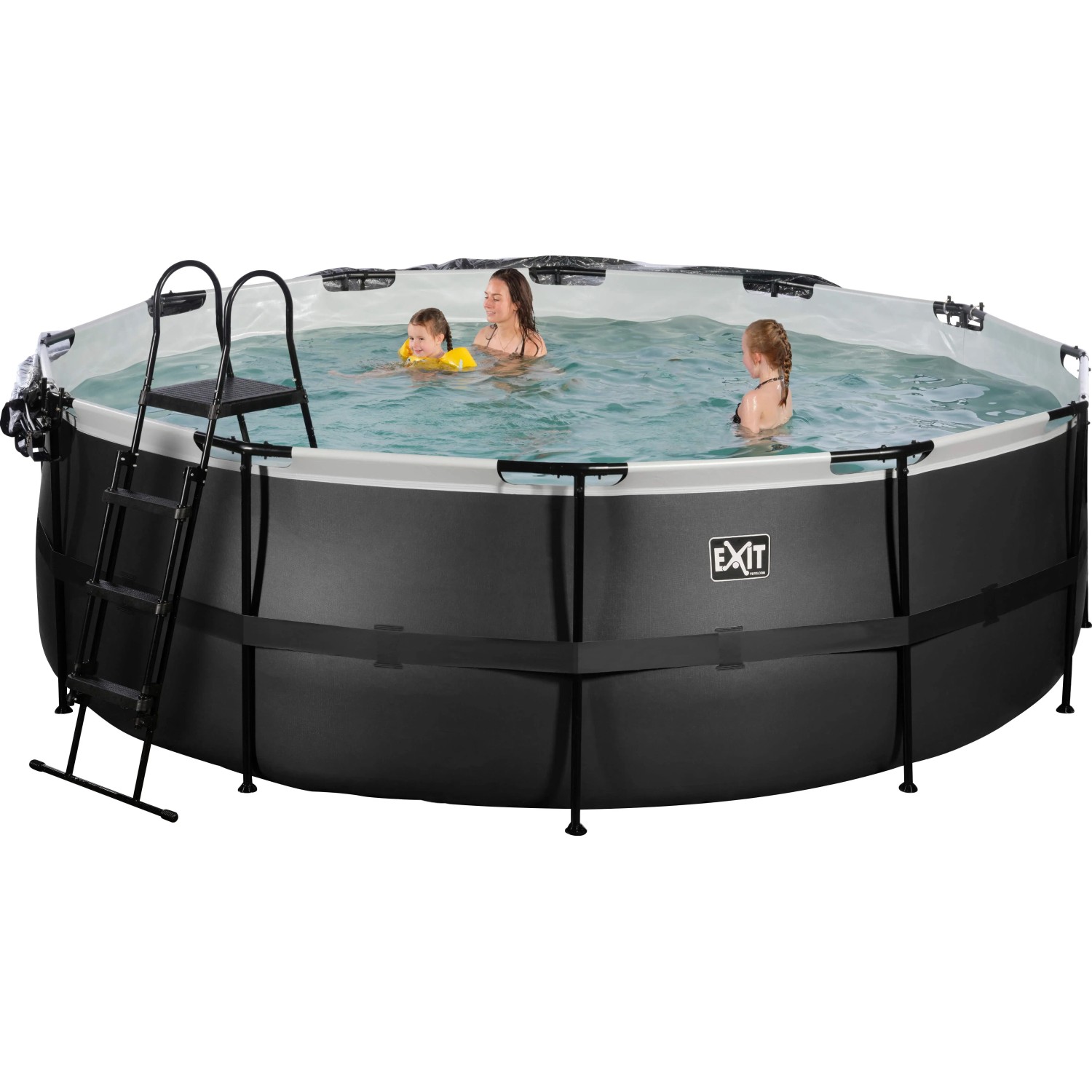 Exit Black Leather Pool, ø 427 cm, mit Leiter und Abdeckung. Stahlrahmenpool mit Personen im Wasser.