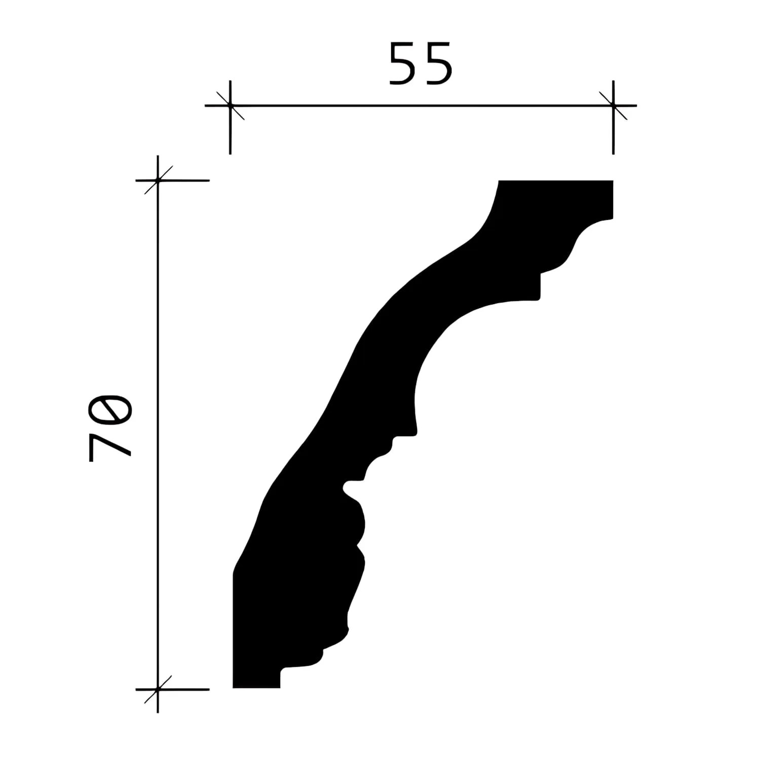 Detailzeichnung: Weiße PROFHOME Eckleiste (70x55mm) im Set mit 21 Stuckleisten für Paneel-Zubehör.