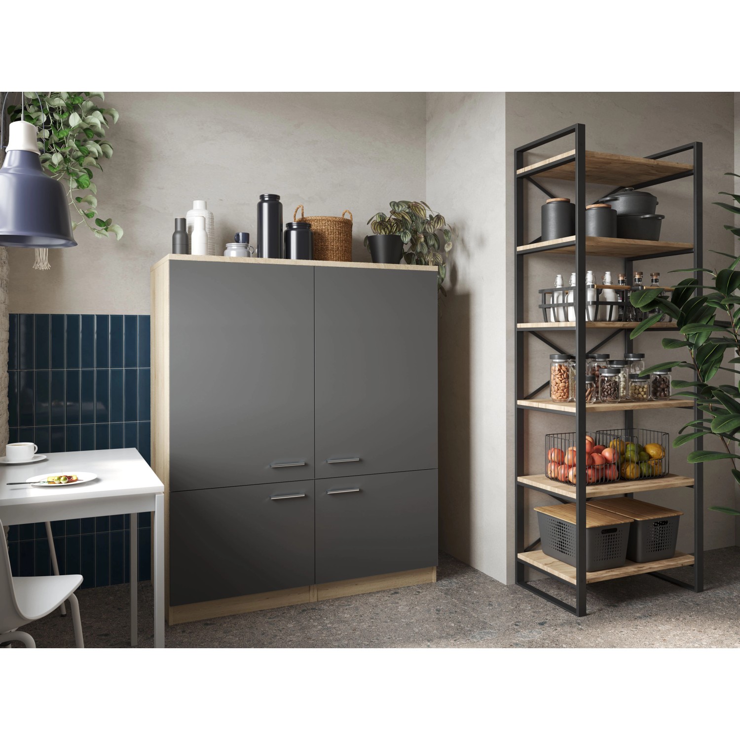 Respekta Küchenmöbel-Set Merle 11, 120 cm, Grau, mit zwei Hochschränken und Regalen.