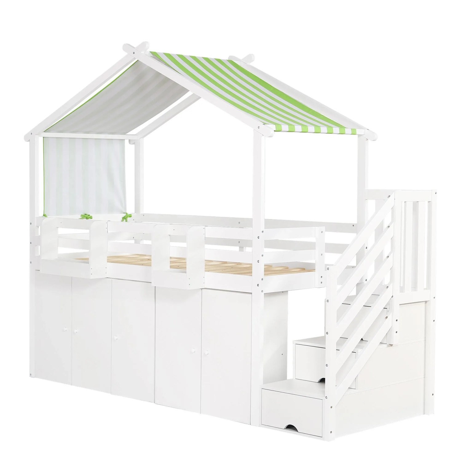 KOMHTOM Etagenbett 90x200Cm Kinderbett Mit Fallschutzgitter 1 Kleiderschrank Und 2 Schließfächer Mit 3 Schließfächer In Der Treppe Weiß+Grün
