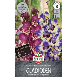 Sperli Gladiolen Color Club Mix: Blüten in Lila, Blau und Purpur auf der Verpackung.
