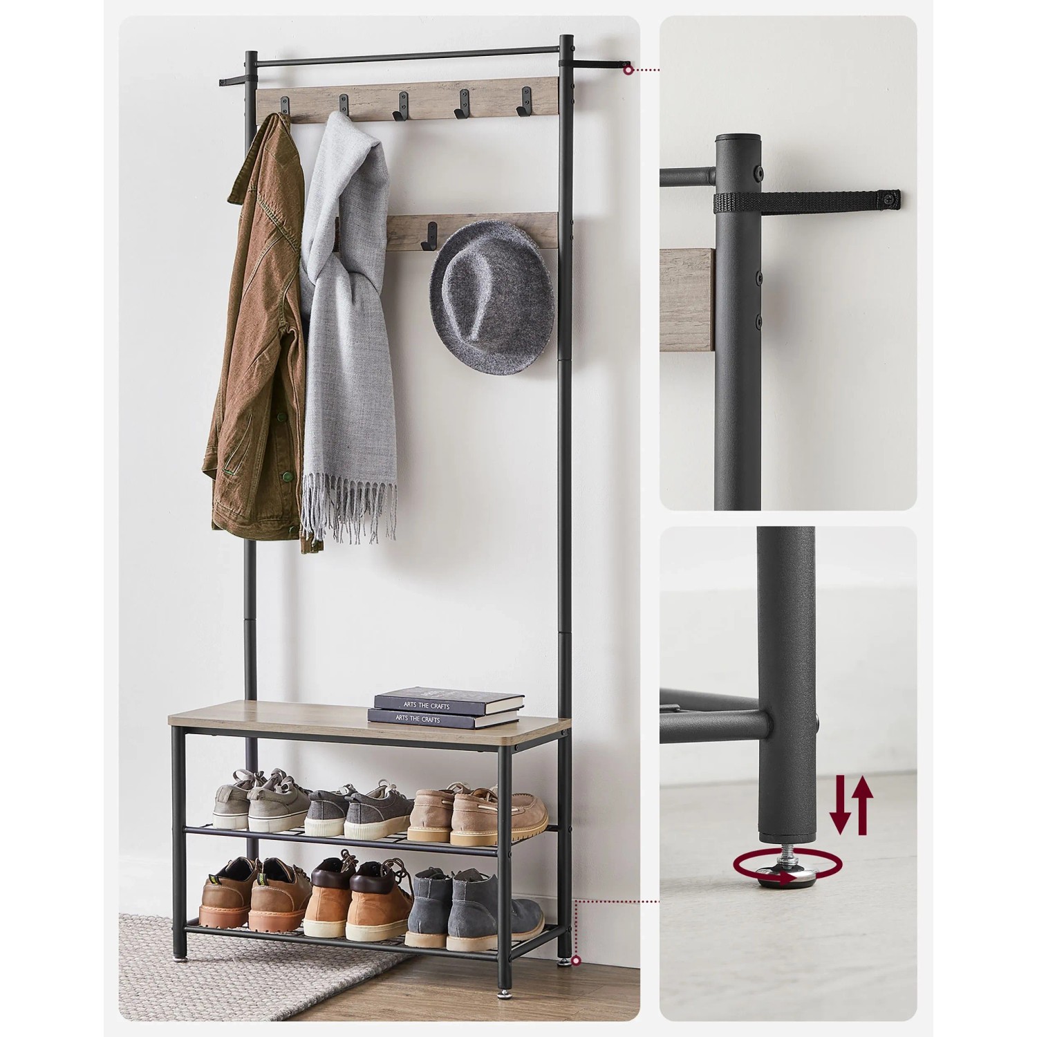 Songmics Garderobenständer Dacey mit Schuhbank, Haken, Greige-Schwarz. Garderobe mit Ablagen für Schuhe und Kleidung.