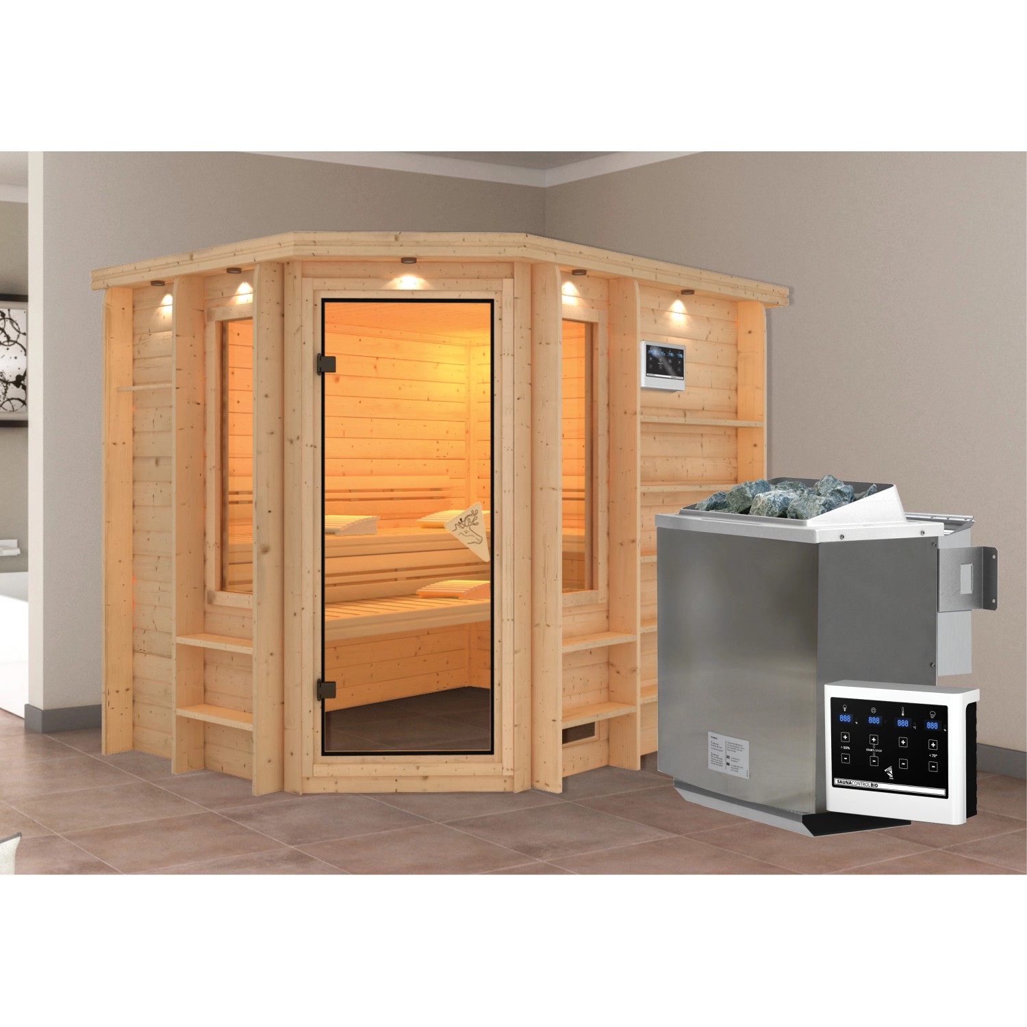 Karibu Sauna-Set Risa inkl. Bio-Ofen 9 kW mit ext. Steuerung
