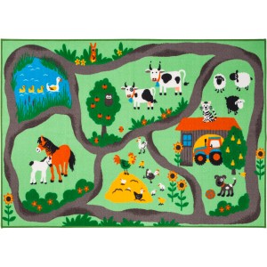 Andiamo Kinderteppich Bauernhof 133x190 cm mit Bauernhoftieren und Traktor auf grünem Grund.