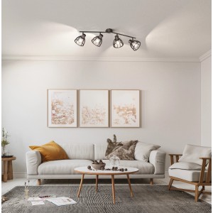 Schwarze, 4-flammige Fischer & Honsel Deckenleuchte Tilda im Retro-Design mit Holz-Lampenschirmen.