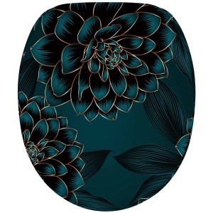 SANILO WC-Sitz Dahlien: Toilettendeckel aus Holz mit floralem Dahlien-Muster in Dunkelgrün und Gold.