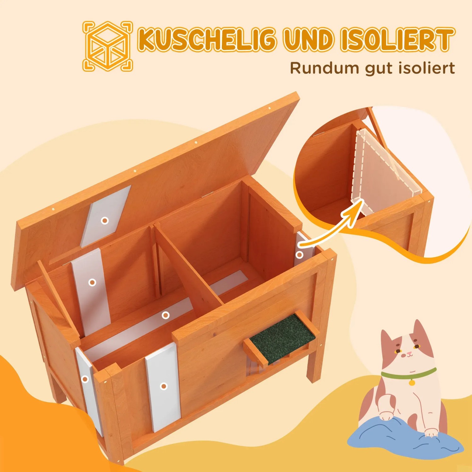 PawHut Katzenhaus, isoliert, mit Türvorhang, Holz, 60x60x81,5 cm. Gemütlicher Rückzugsort für Katzen.