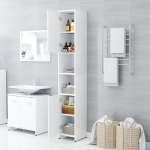 Weißer vidaXL Badezimmerschrank (30x30x183,5 cm) aus Holzwerkstoff mit offenen Fächern und Türen.
