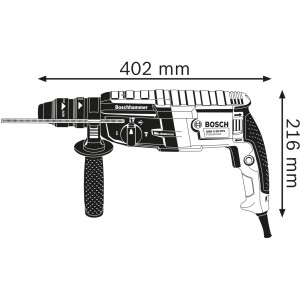 Skizze des Bosch Professional GBH 2-28 F Bohrhammers mit Maßangaben.