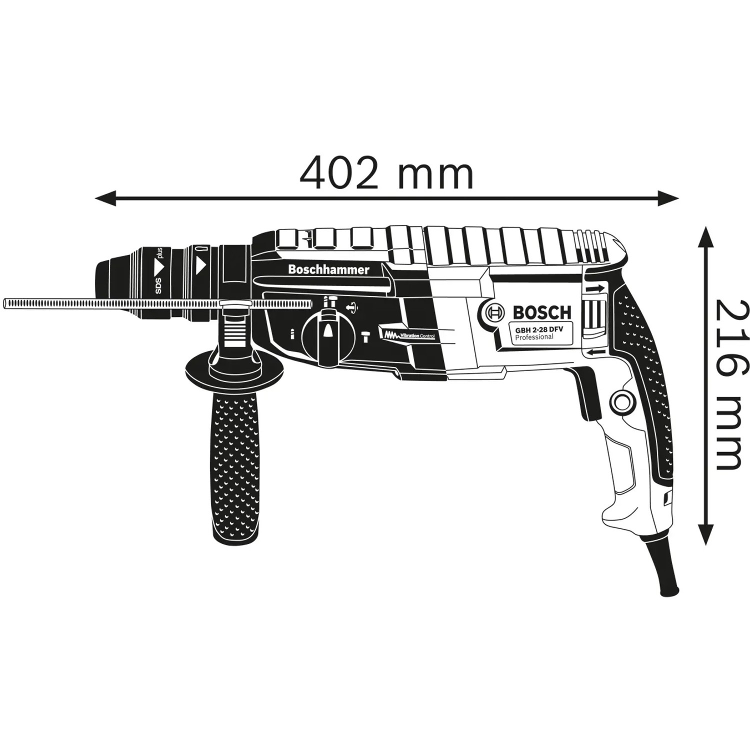 Skizze des Bosch Professional GBH 2-28 F Bohrhammers mit Maßangaben.