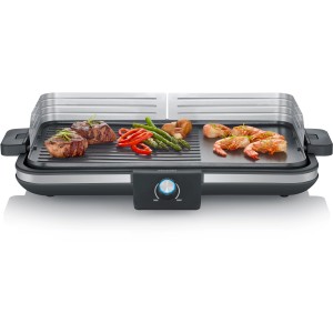 Severin Tischgrill mit Plancha: Elektrogrill mit Grillgut wie Steak, Gemüse und Garnelen.