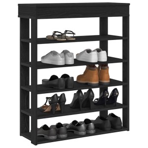 Schuhregal in Schwarz (80x30x98 cm) aus Holzwerkstoff mit mehreren Schuhpaaren.