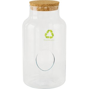 Bepflanzbares Glas mit Korkdeckel und seitlicher Öffnung, ideal für Flaschengärten.