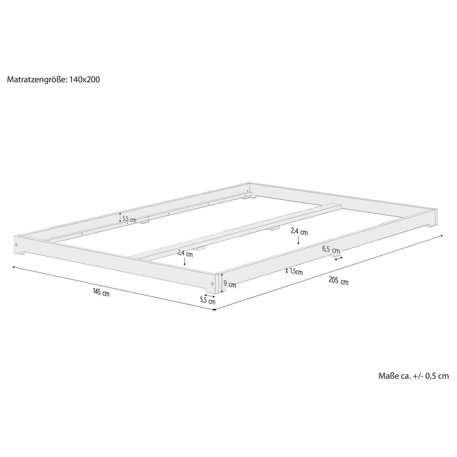 Skizze Futonbett 140x200 cm aus Kiefer Massivholz, extra niedrig, ohne Zubehör. Bettrahmen mit Maßen.