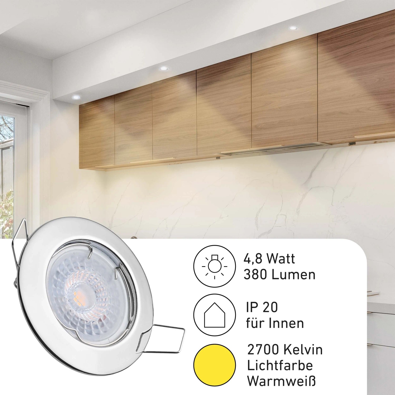 12er Set dimmbare LED Einbaustrahler Sedan, 4,8W, Chromoptik, warmweißes Licht für Deckenmontage.