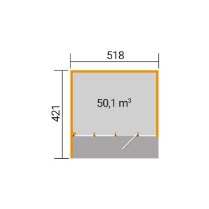 Grundriss Weka Designhaus Cubilis 4.0 Natur: Maße 518x421 cm, Volumen 50,1 m³.