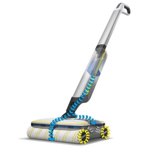 Kärcher FC 7 Akku-Hartbodenreiniger in Weiß-Schwarz mit rotierenden Walzen und Wasserfluss-Darstellung.