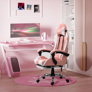 Rosa-weißer Vinsetto Gamingstuhl mit Kopfstütze, drehbar, vor rosa Schreibtisch und Regal.
