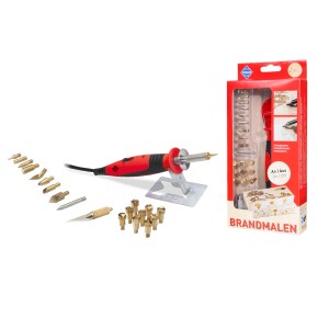 Pebaro Brandmal-Set, 23-teilig mit Kolben, 20 Aufsätzen, Ablage und Verpackung.