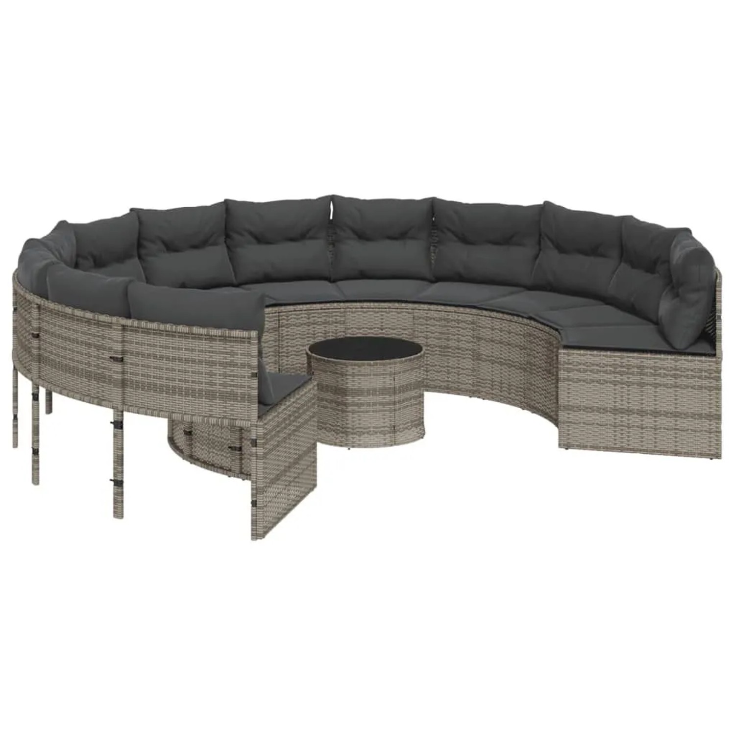 vidaXL Gartensofa mit Tisch und Kissen Rund Grau Poly Rattan 3318545