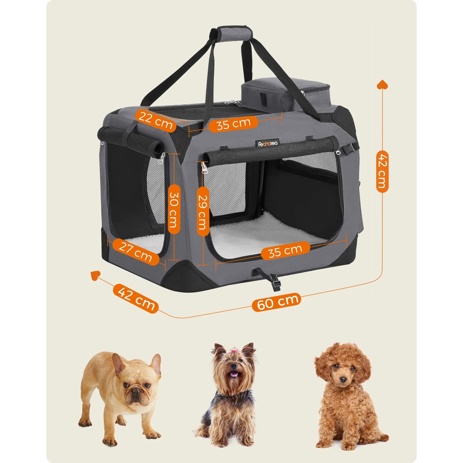 Feandrea Hundebox, 60x42x42 cm, grau. Transportbox mit Griffen, Netzstofffenstern und Größenangaben.