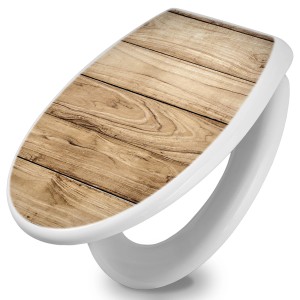 Banjado WC-Sitz mit Absenkautomatik, Holzplanken-Motiv, weißer Duroplast Toilettendeckel.