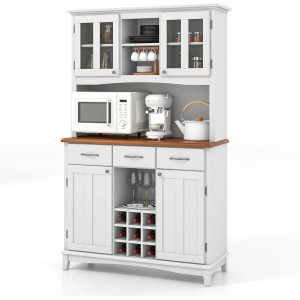 Weißes Costway Küchenbuffet mit Schubladen, Schränken und Weinregal, 112x43x184,5 cm.