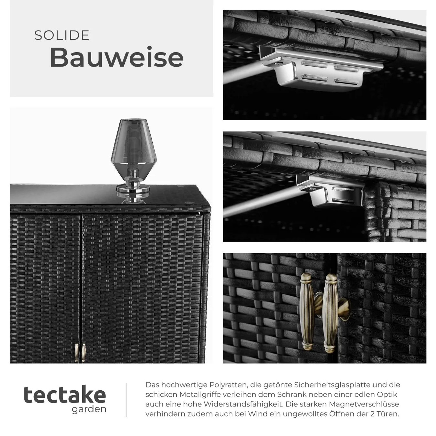 Tectake Gartenschrank Monza aus Rattan mit Glasplatte und Metallgriffen, Detailansicht.
