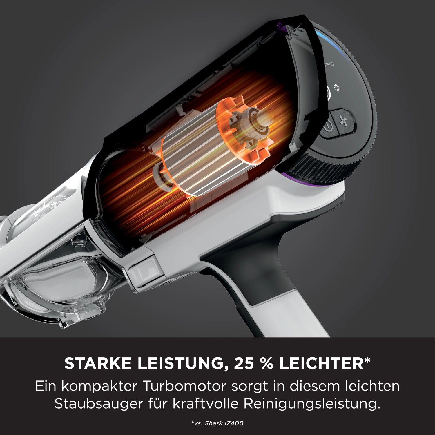 Detailaufnahme: Shark Stielsauger Detect Pro IW1611EU mit Einblick auf den Turbomotor.