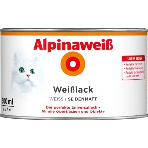 Dose Alpinaweiß Weißlack seidenmatt, 300ml, mit Katzenmotiv. Ideal für Holz, Metall und Kunststoff.