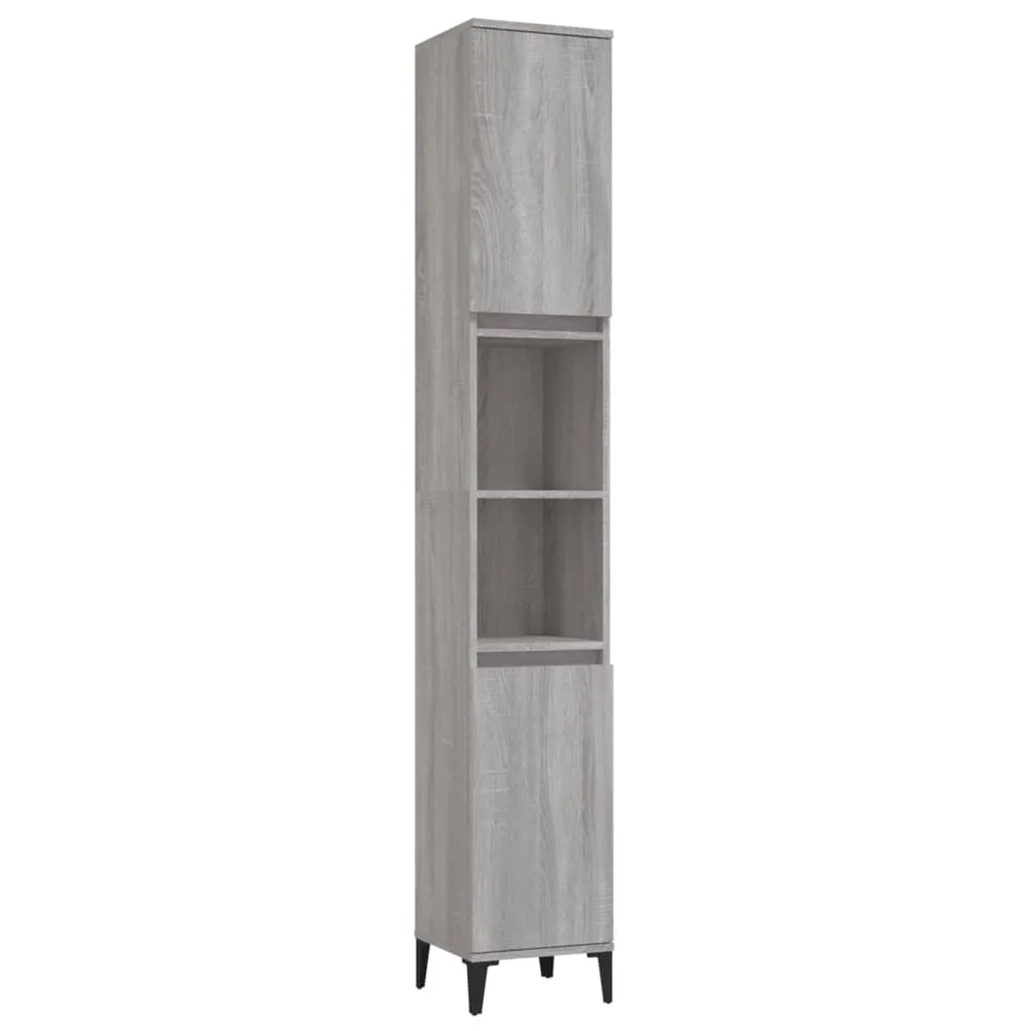 Hoher, schmaler Bad-Hochschrank in Grau Sonoma Holzoptik, Teil eines 3-tlg. Badmöbel-Sets.