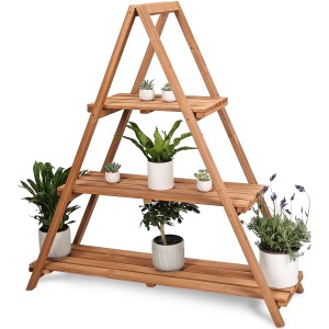 Blumenregal Blossy1 mit 3 Etagen aus braun lasiertem Tannenholz, bepflanzt.