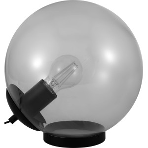 Bernsteinfarbene Design-Tischlampe, 25,5 cm hoch, mit rundem Glasschirm und schwarzem Metallsockel.