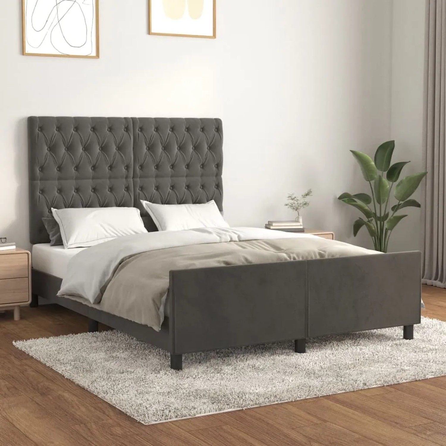 Dunkelgraues Samt-Bettgestell (140x200 cm) mit gestepptem Kopfteil für Schlafzimmer.