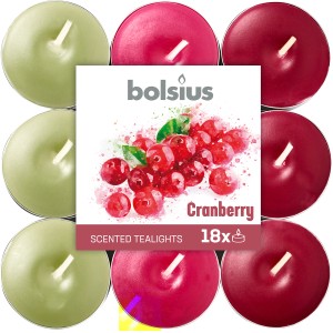 Bolsius Duftteelichter Cranberry, 18 Stück in Grün-, Rosa- und Rottönen.