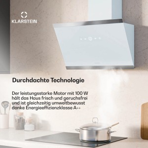 Weiße Klarstein FlashLine Dunstabzugshaube in Küche, saugt Dampf ab. Moderne Wandhaube mit Touch-Bedienung und LED-Licht.