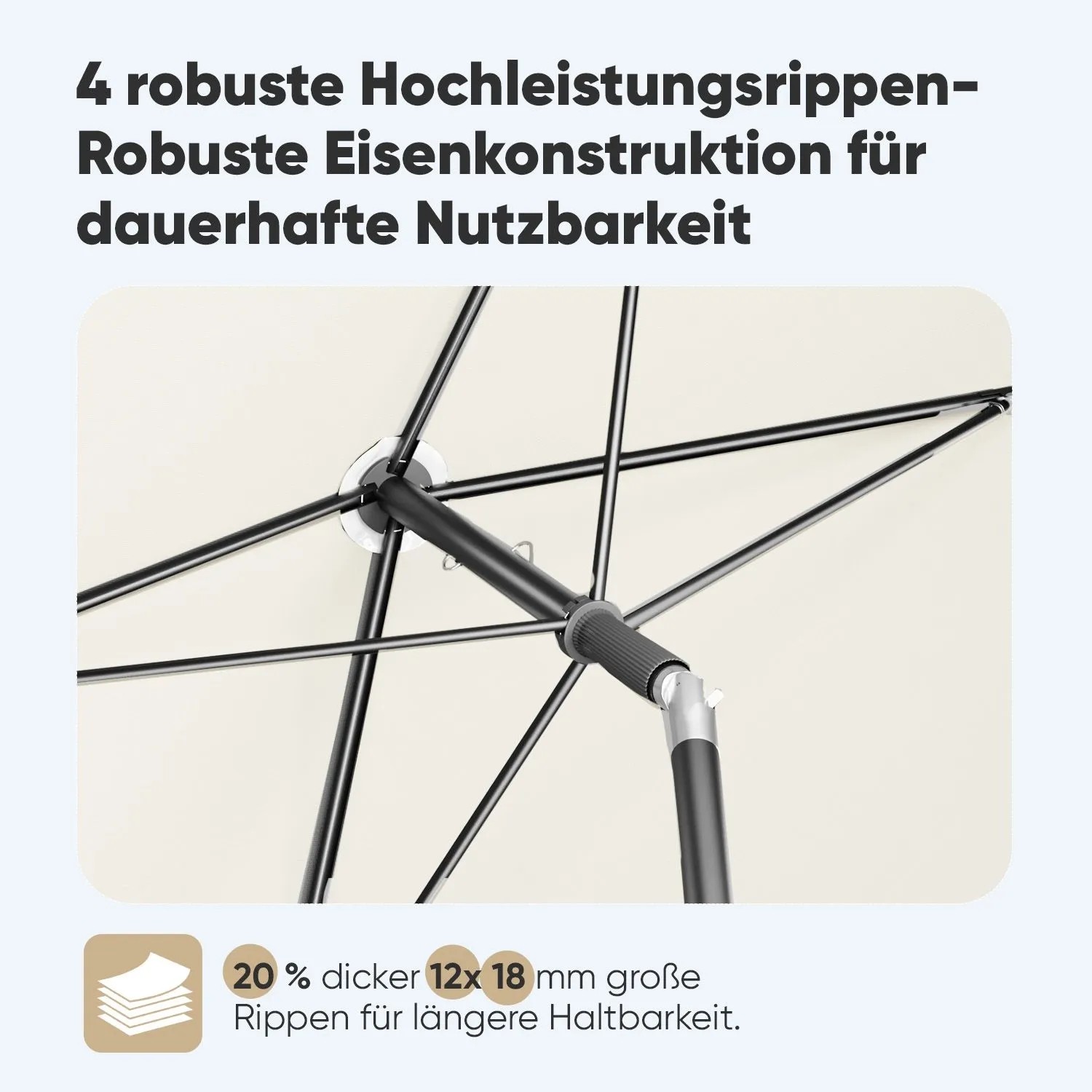 Detailaufnahme: Stabiles Gestell des rechteckigen Sekey Sonnenschirms für Balkon und Garten.