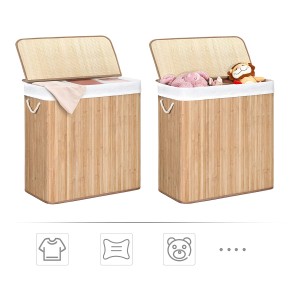 Songmics Wäschekorb mit 3 Fächern, Holzoptik, 150L Fassungsvermögen, mit Deckel.