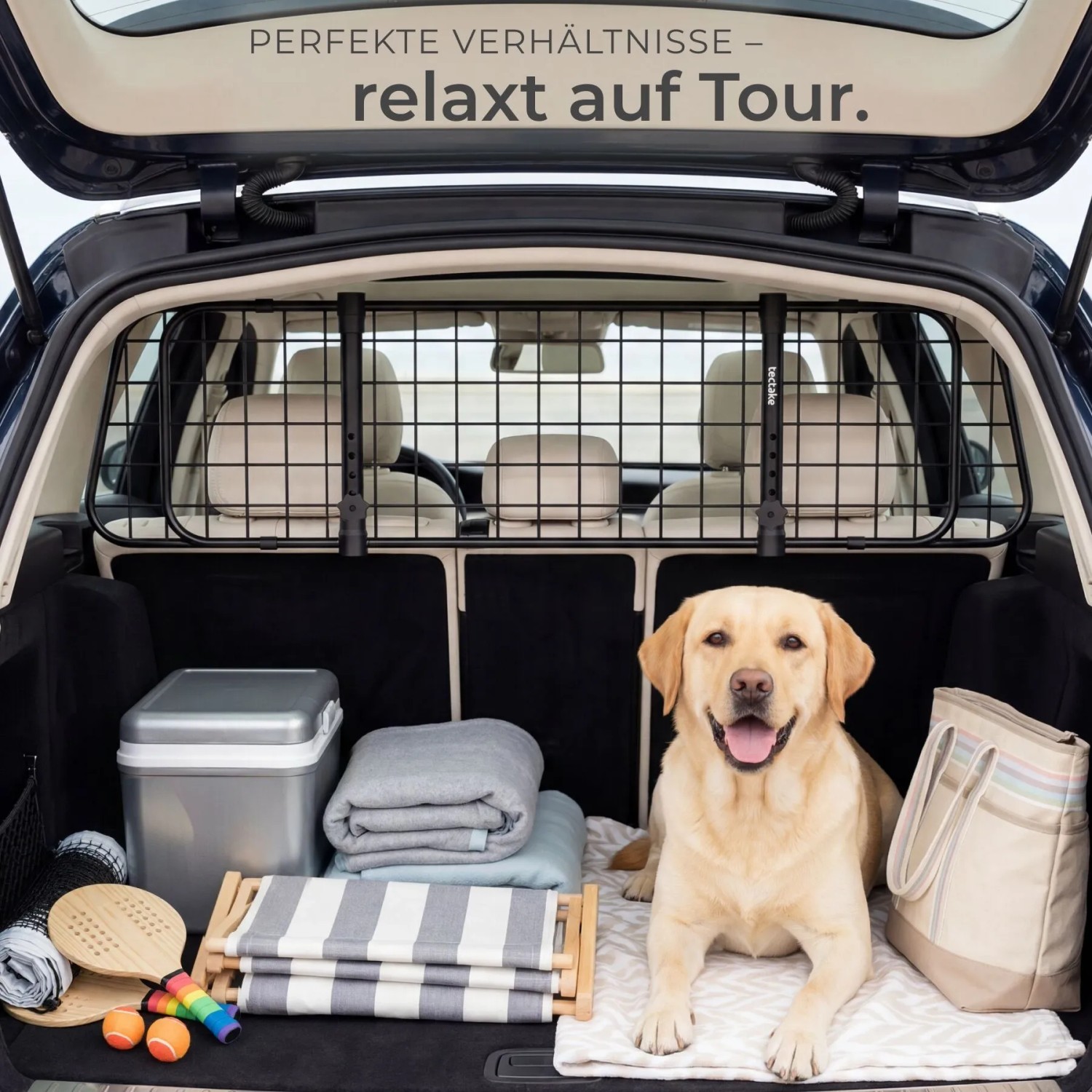Schwarzes Tectake Hundeschutzgitter Balu im Kofferraum mit Hund und Reiseutensilien.