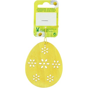 Gelbes Deko-Osterei aus Holz mit Blumenmuster, 15 cm groß.