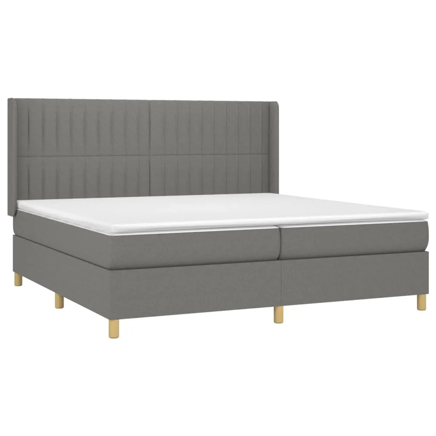 Dunkelgraues Boxspringbett 200x200 cm mit Matratze und Kopfteil aus Stoff.