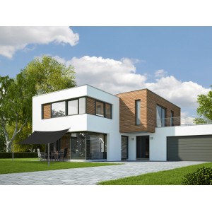 Quadratisches, anthrazitfarbenes Sonnensegel NeptunBeach (360x360 cm) spendet Schatten vor modernem Haus.