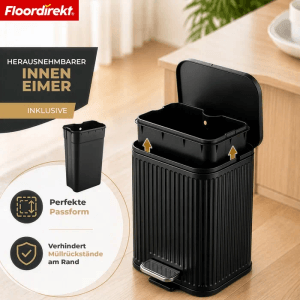 Schwarzer Floordirekt Miles Treteimer 5 L mit geripptem Design, offenem Deckel und herausnehmbarem Inneneimer.