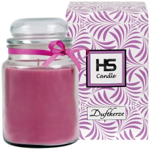 HS Candle Duftkerze Lavendel im Glas mit Schleife, daneben die Verpackung.