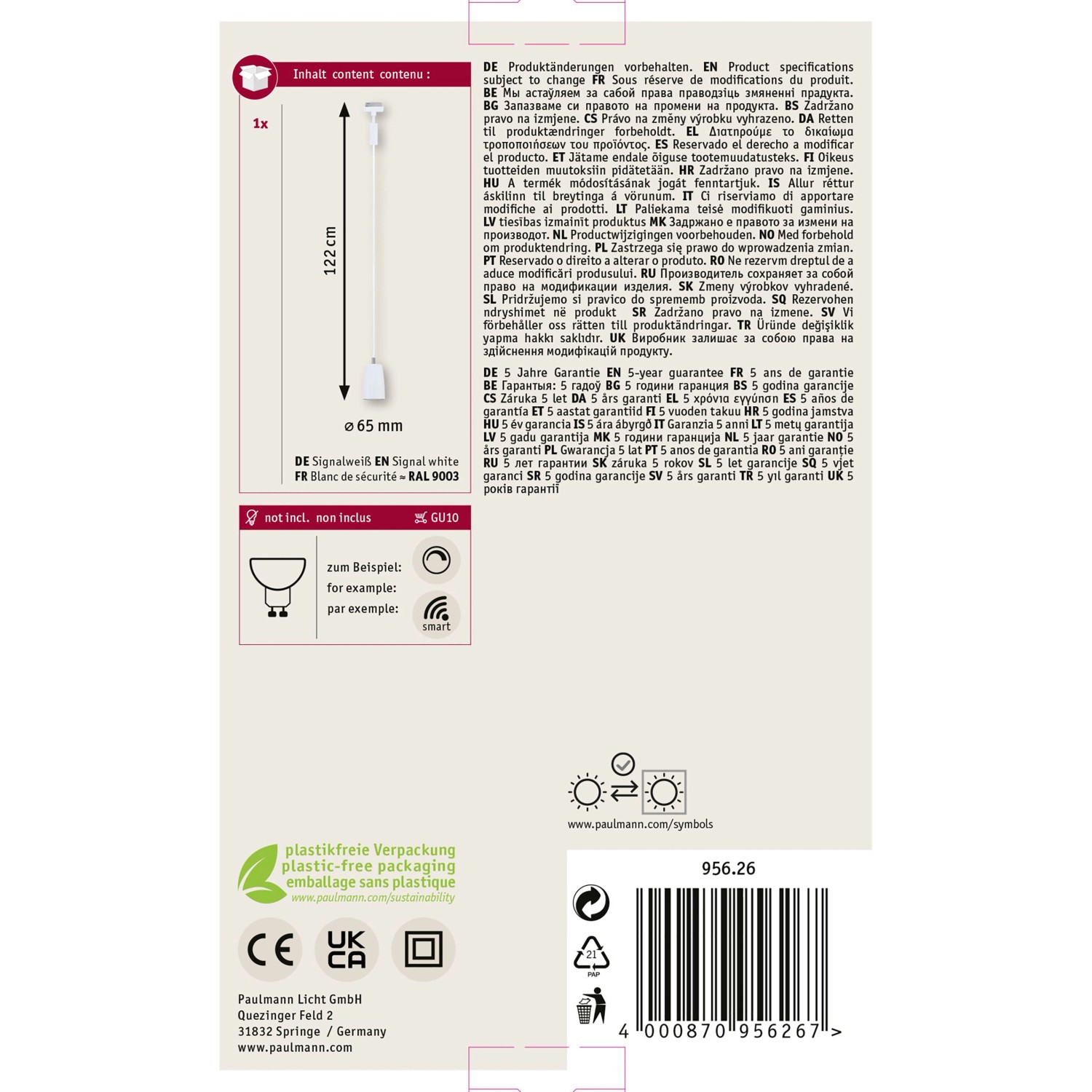 Paulmann URail Pendelleuchte Cover, signalweiß, 122cm, für LED-Schienensystem.