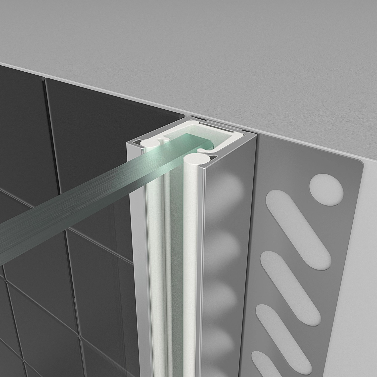 Detailaufnahme: Breuer Panorama Duschwand aus Glas mit Chromprofil, bodengleiche Montage.