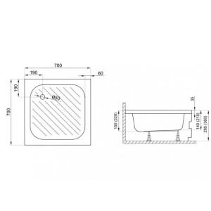 Technische Zeichnung der KOLMAN Duschwanne 70x70 cm in Weiß. Quadratische Form, Ablaufgarnitur, Standfüße und Installationsmaße.
